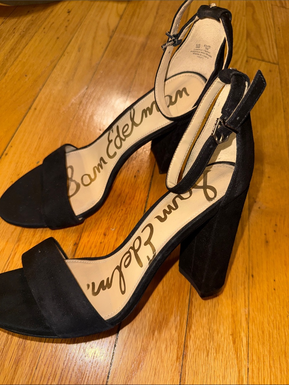 Sam Edelman Yaro Black Suede Block Heel Sandals with Ankle Strap